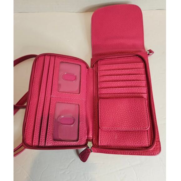 Genuine Pebble Leather Crossbody DK Pink 9"x5" Wallet  Phone Case 48" Strap New - Picture 3 of 10